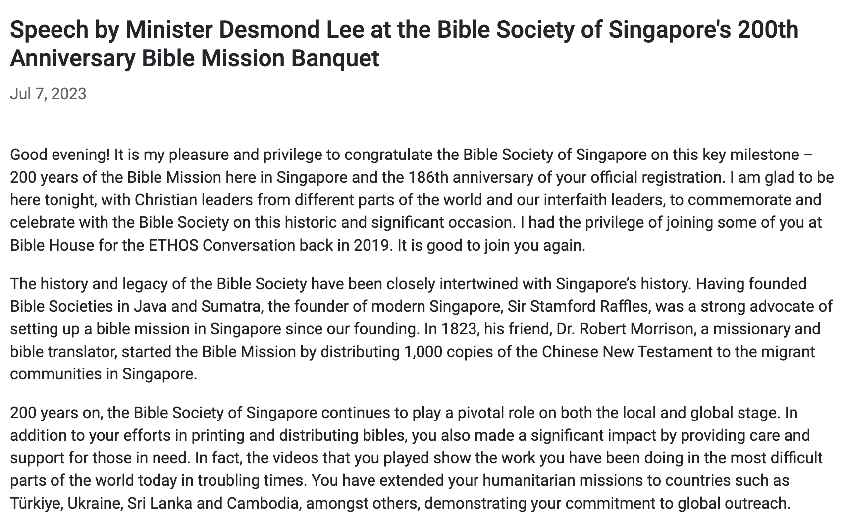 Speech by Minister Desmond Lee at the Bible Society of Singapore’s 200th Anniversary Bible Mission Banquet